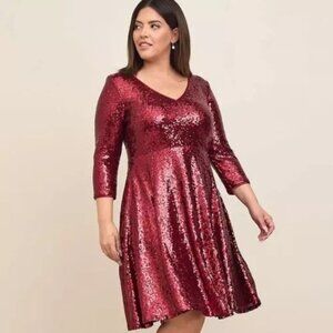 Torrid Red Full Sequin Cocktail Holiday Party Midi Skater Dress, Sz 0